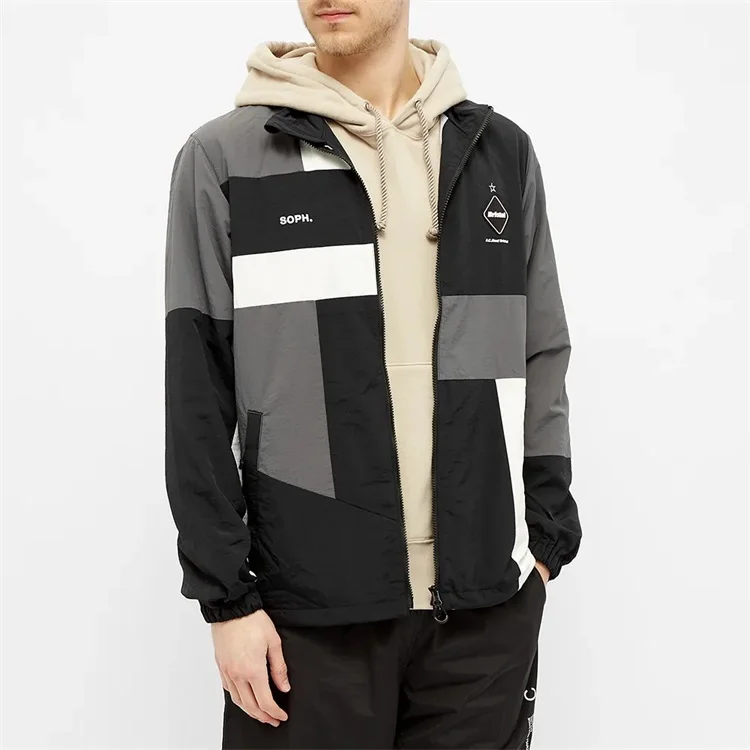 OEM custom100% Nylon fashion waterproof black track patch work stand collar blouson windbreaker jacket for men