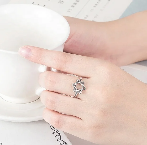 Custom personalized jewish jewelry star of david ring 925 sterling silver hexagon open rings