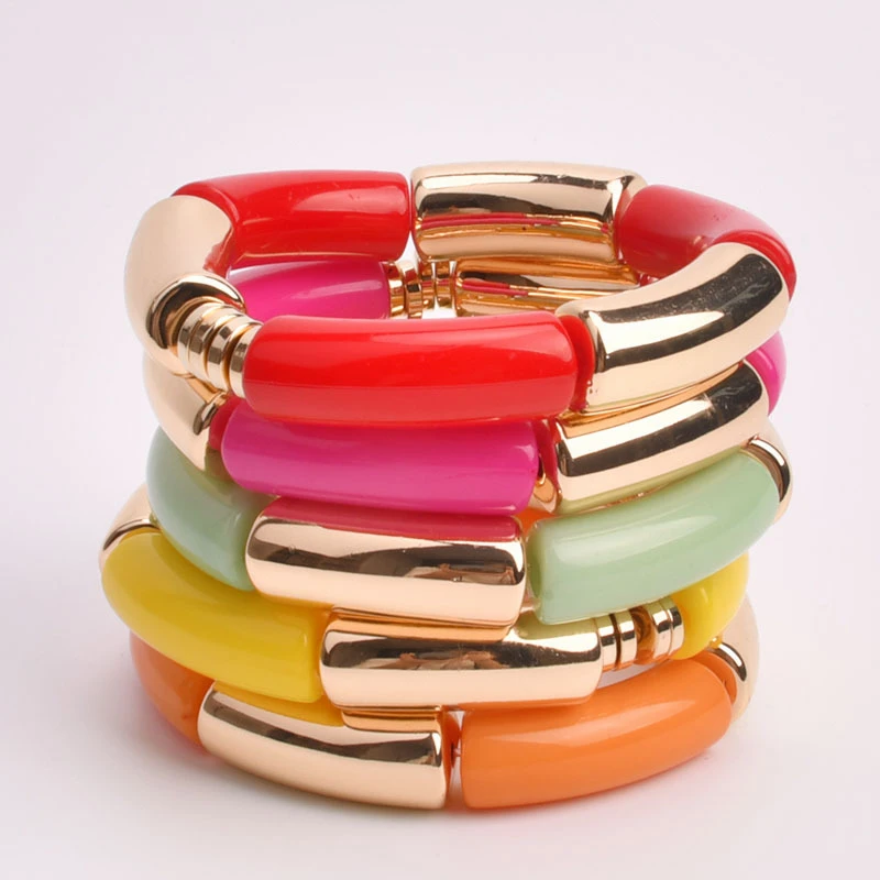 New Arrival Women Jewelry Stretch Neon colors  Acrylic Beads heishi tube resin Bracelet