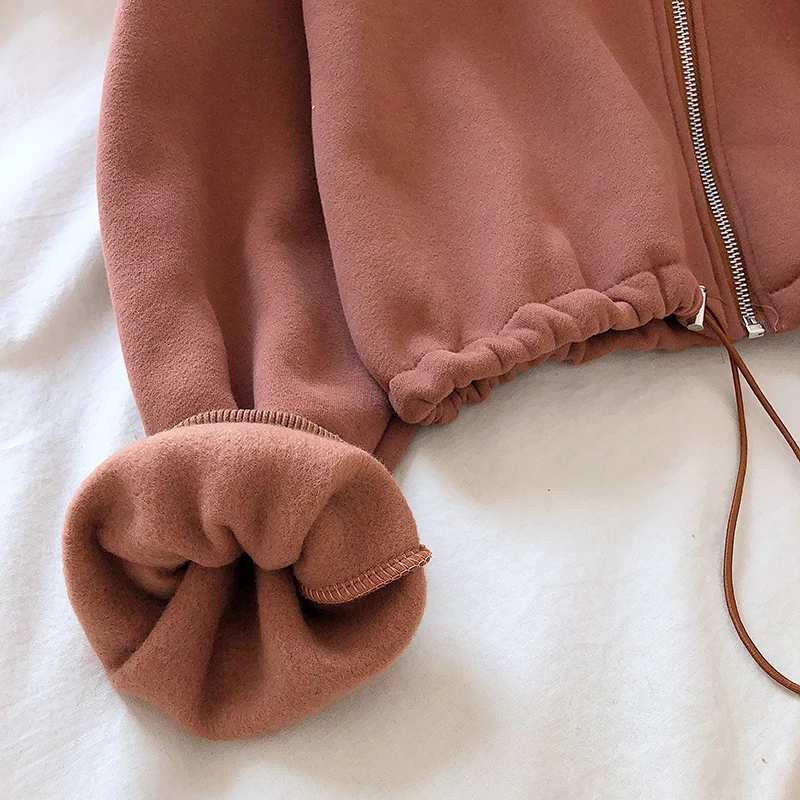 Winter Korean style hem drawstring tie round neck zipper  pullover bubble sleeve solid color crop top jacket
