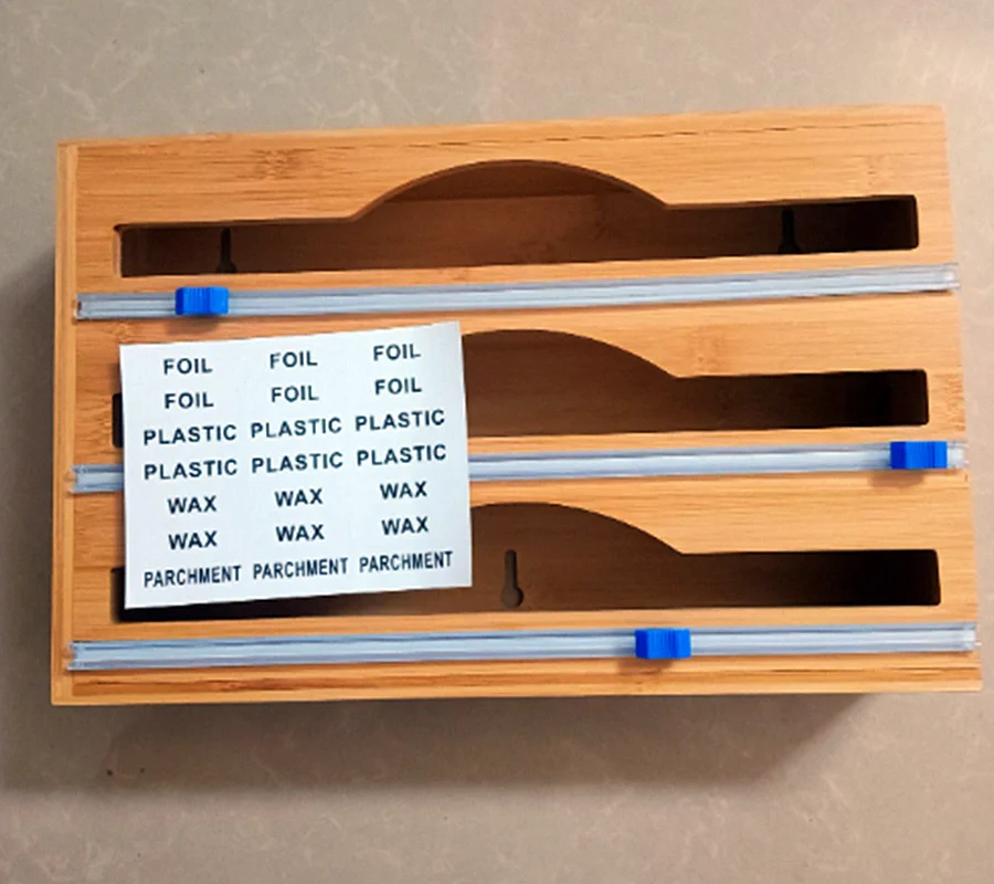 3 in 1 Bamboo Plastic Wrap Dispenser with Slide Cutter for Aluminum Foil, Cling Film, Parchment Paper