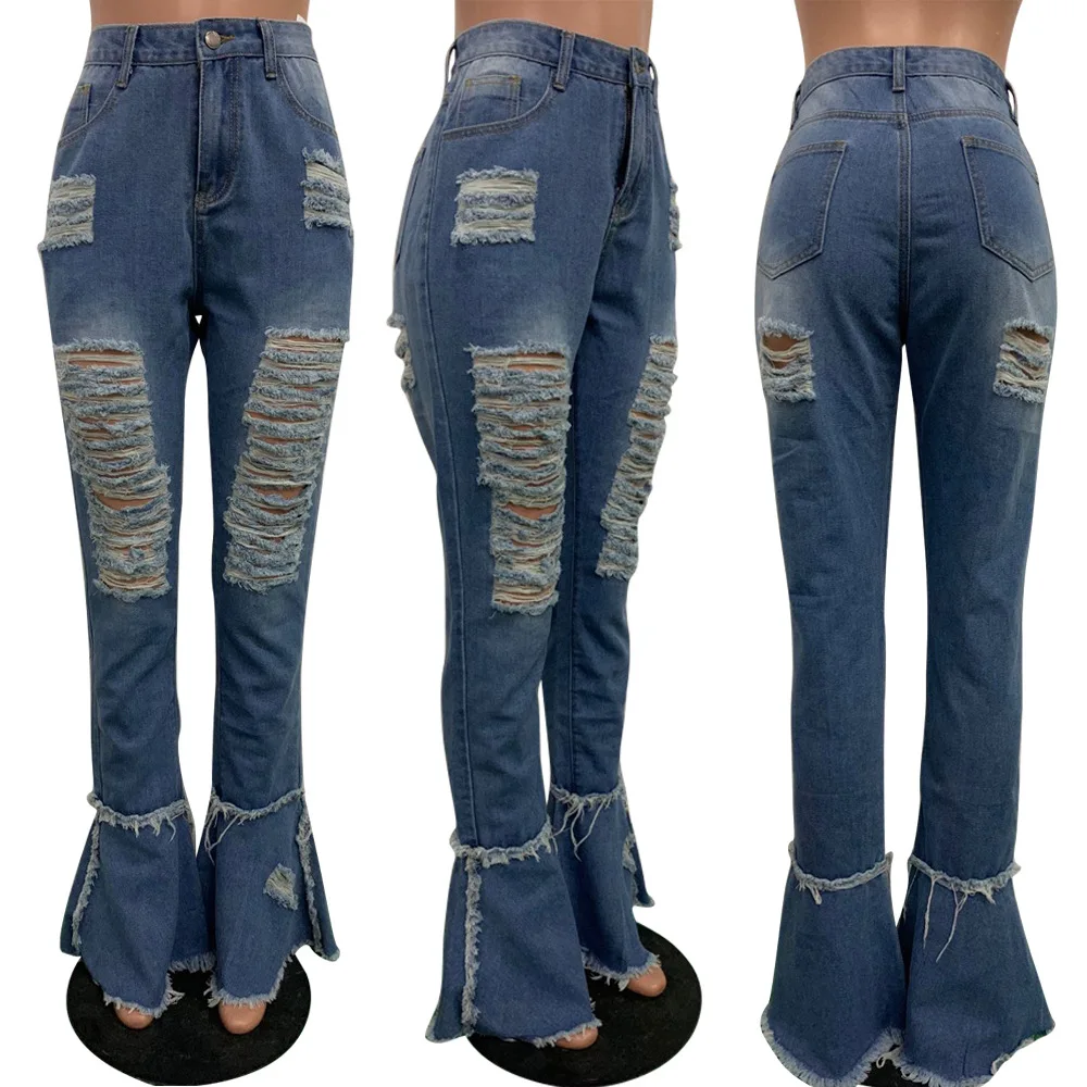 
New Arrival High Waist Stretch Bell Bottom Style Denim Mom Jean Plus Size Women Jeans 