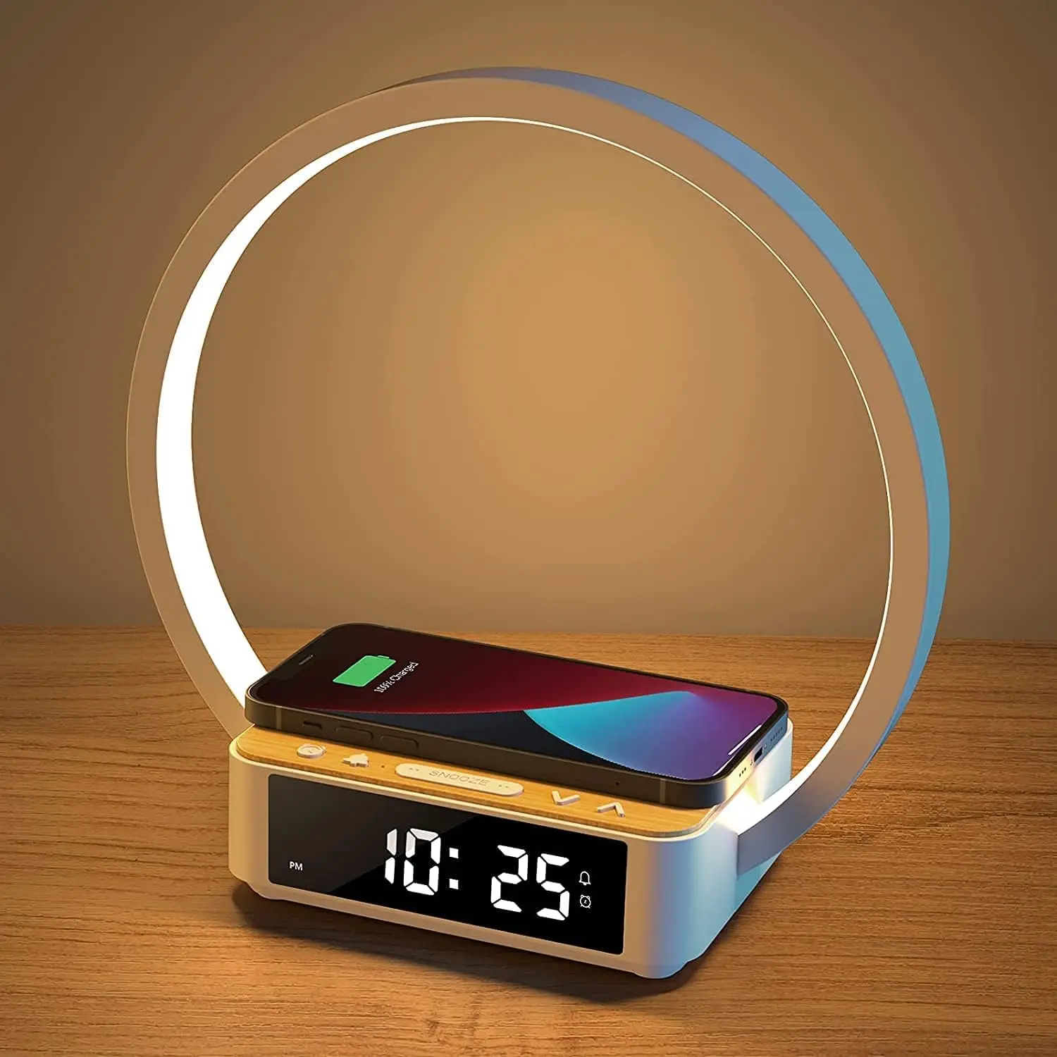 LED Wake up Light With Alarm Clock and Calendar Modern Bedside Snooze Function Wireless Charger 10W 12v Night Lamp