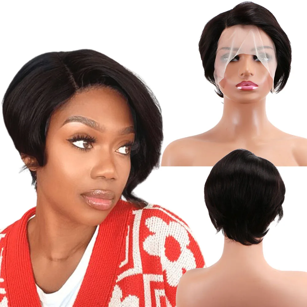 Pixie Cut 6inch Leng Short Straight Hair Human Wig Peruvian Hair HD Lace Frontal Wig Natural Black Brazilian Hair Elastic Lace