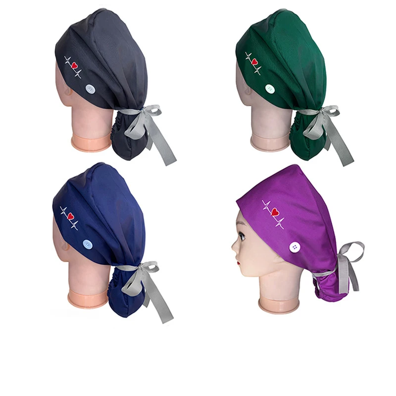 Best Quality Solid Color Satin Embroidered Hat For Long Short Hair Vets Nurse Doctor Surgical Scrub Caps With Bow Tie