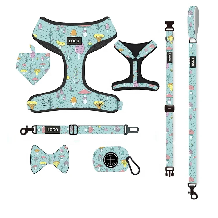 Custom Pattern Luxury Printed Mesh Reversible Dog Harness Leads Collar Leash Bandana Dog Harness Set