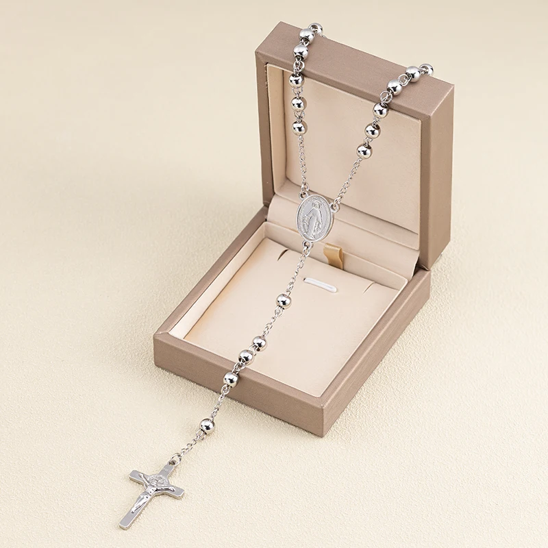 Stainless Steel Catholic Rosary Necklace Gold Plated Bead Jesus Crucifix Cross Virgin Mary Christian Jewelry