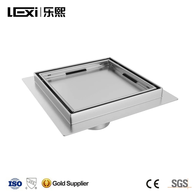 LEXI Bathroom Large Black 6 Inch Square  2-in-1 Tile Insert Drainer Stainless Steel Invisible  Shower Floor Drain With Flange