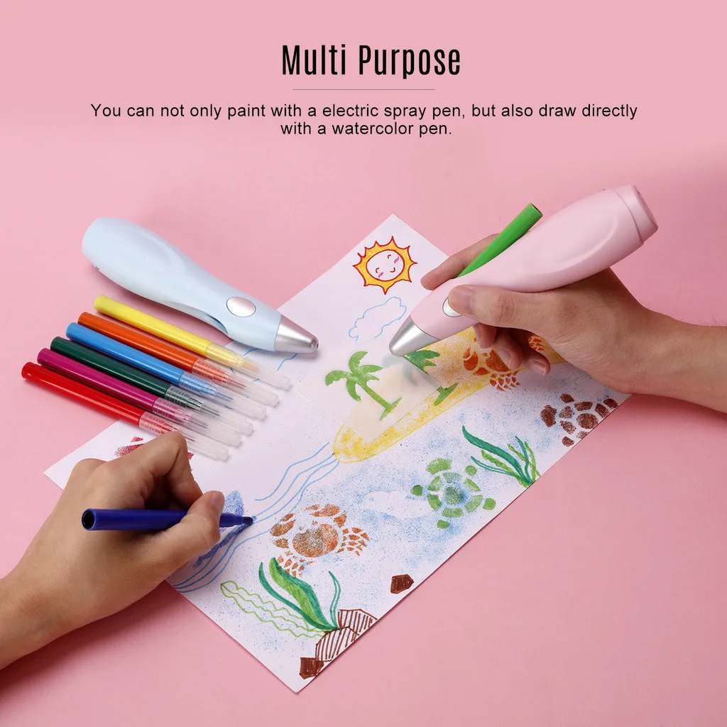 Kid Spray Paint Electric Washable Airbrush Marker Set With 12 Colored Markers Air Brush Sprayer Pen