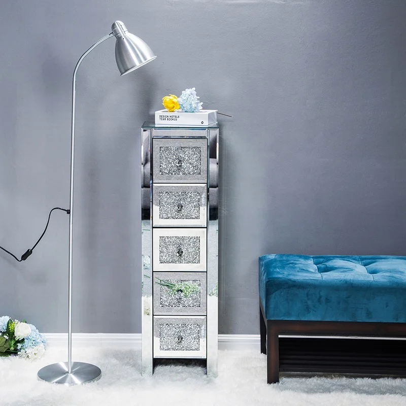 Mirrored Nightstand Crushed Diamonds Furniture Silver Dresser Mirrored Glass 5 Chest of Drawers Side Bed Table for Bedroom