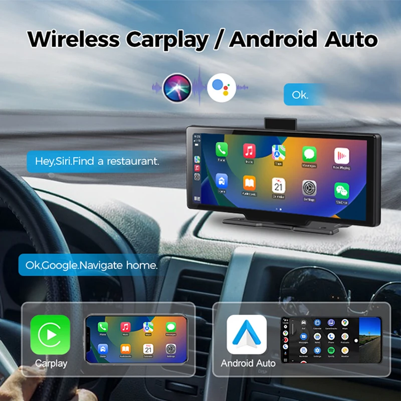 Maustor 10.26 inch Portable Carplay Screen with 4K Dash Cam Wireless Carplay Android Auto Loop Recording AirPlay