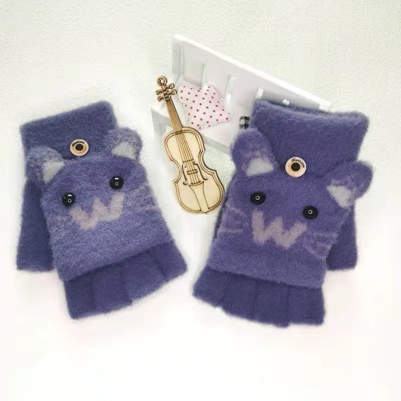 Winter kids Knitted Cute Cartoon gloves  Cat paw Student Warm Half Finger  children Student  Gloves
