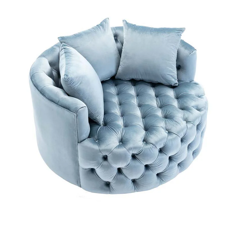 Modern stainless steel wide tufted swivel barrel chair nordic velvet button sofa for living room furniture barrel recliner chair