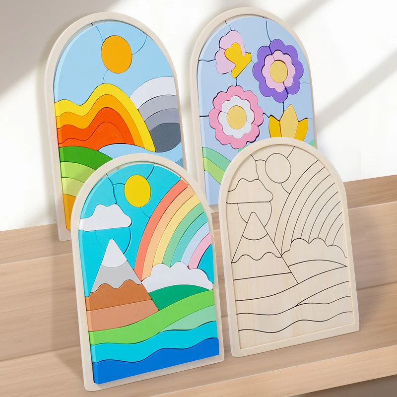 Factory Price Wooden Matching Iridescence Multiple Themes Educational Toy for Unisex Kids Scenery Block Board 3D Jigsaw Puzzle