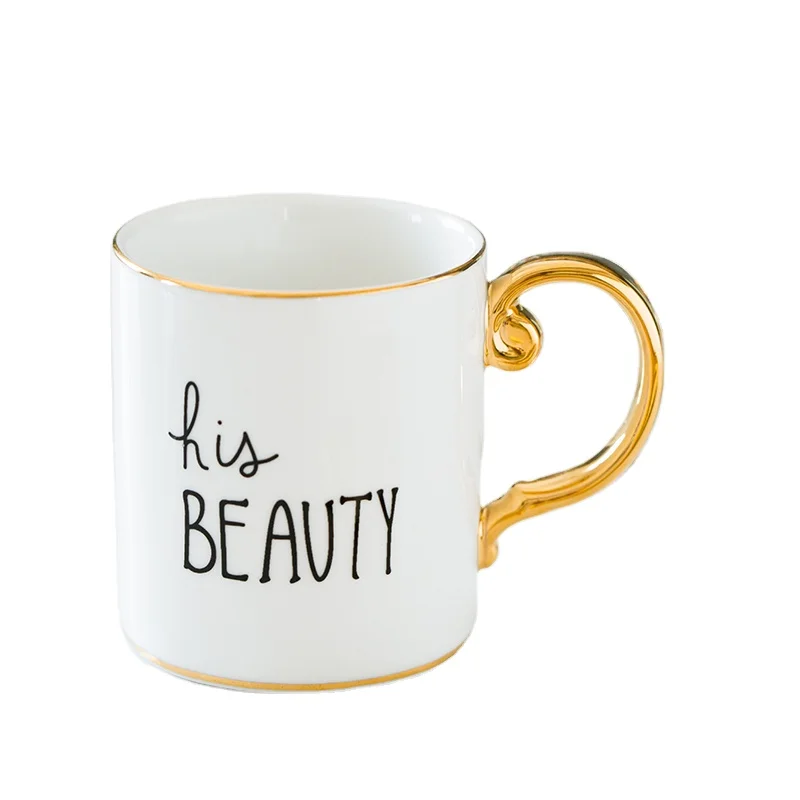 Luxury Gold Handle Ceramic Mugs Wholesale Porcelain Couple Mugs Beauty Beast Mugs Coffee Cups Gold Rimmed