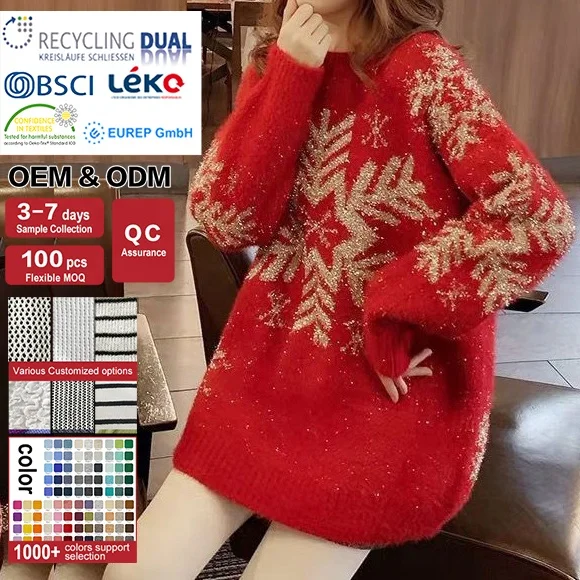 Brand custom logo Christmas sweaters snowflakes pattern jacquard design shiny pullover round neck family Christmas sweater