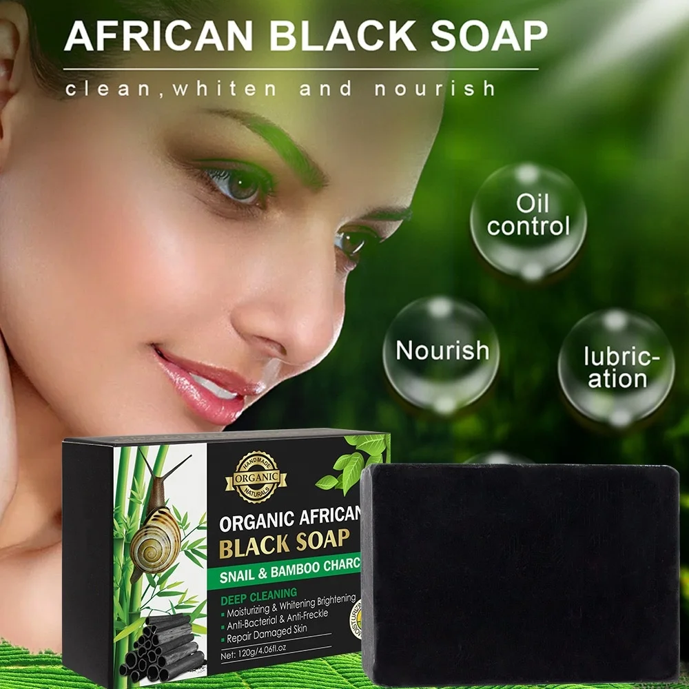 100% Natural Organic Deep Cleaning Whitening Moisturizing Snail Bamboo Charcoal African Black Soap For Face Body Hair Skin Care