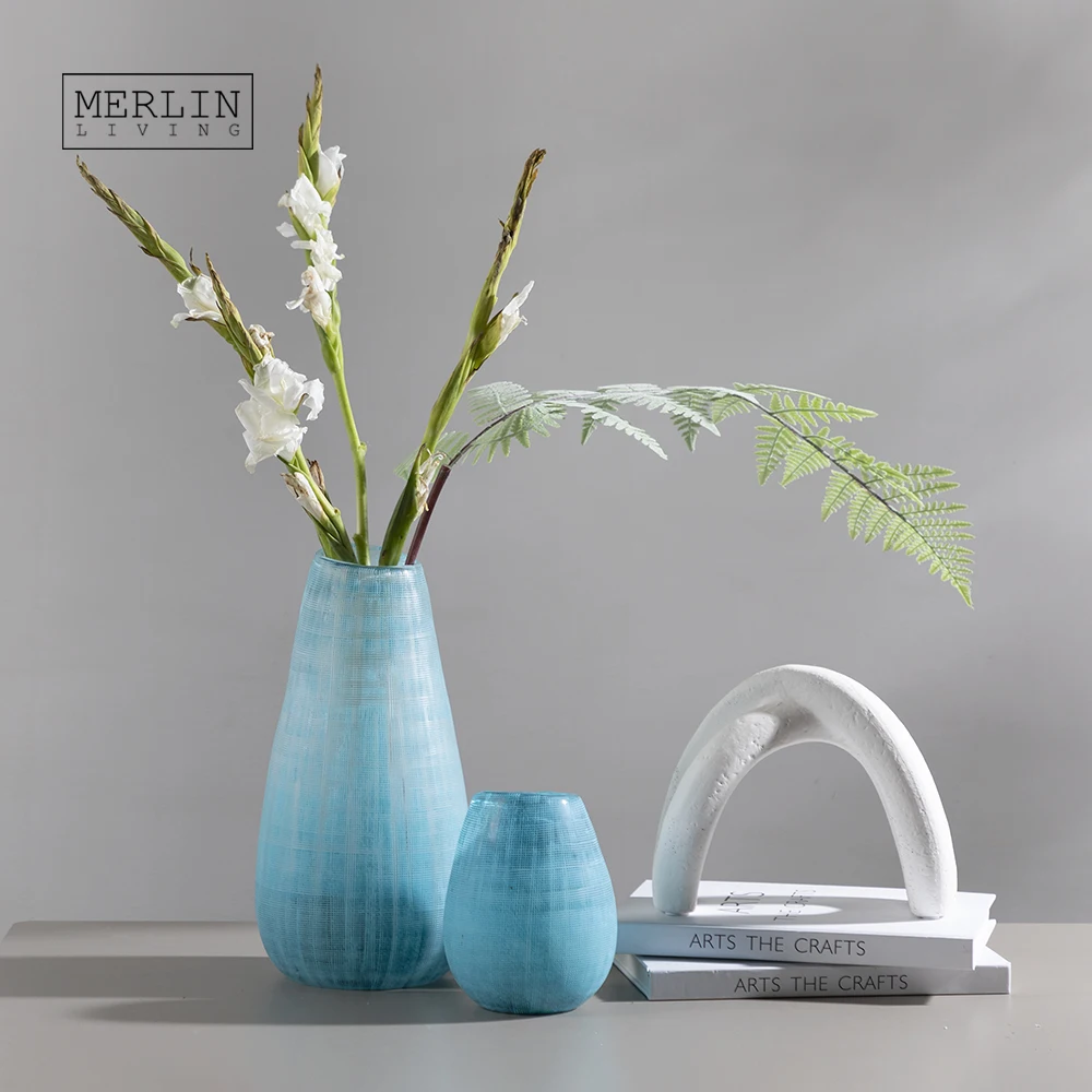 Синяя стеклянная ваза Merlin, Минималистичная хрустальная ваза с цветами, украшение для стола, стеклянное Хрустальное украшение