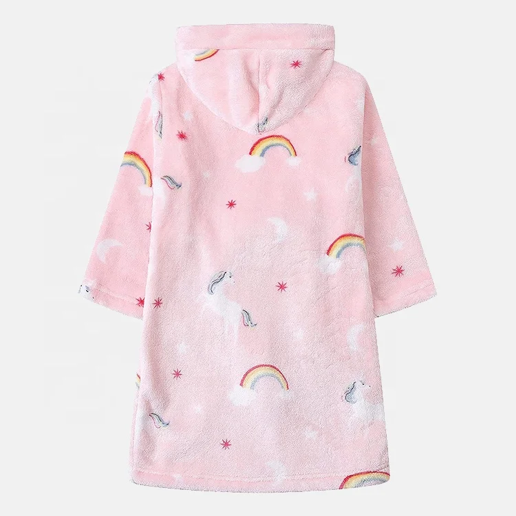 Custom pink print hooded fuzzy flannel kids bathrobes with belt and pockets children bathrobe for gift