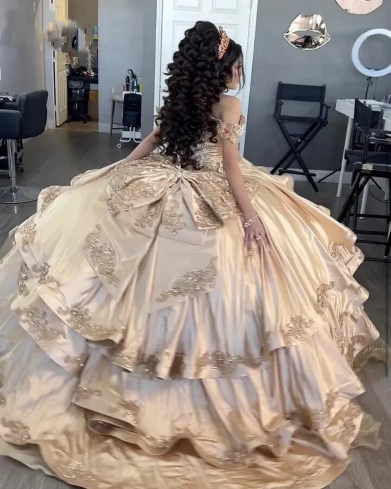 Кепка с рукавами аппликация Блестки милое 16 праздничное платье бантом Vestidos De 15 выпускное вечернее шампанское Quinceanera платья MQ631