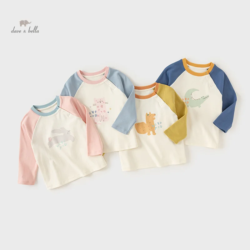 DB3241843 DAVE&BELLA Children Girls Fashion T-shirt 2024 Autumn New Baby Girls Cute Sweet Pure Cotton Long Sleeve T-shirt