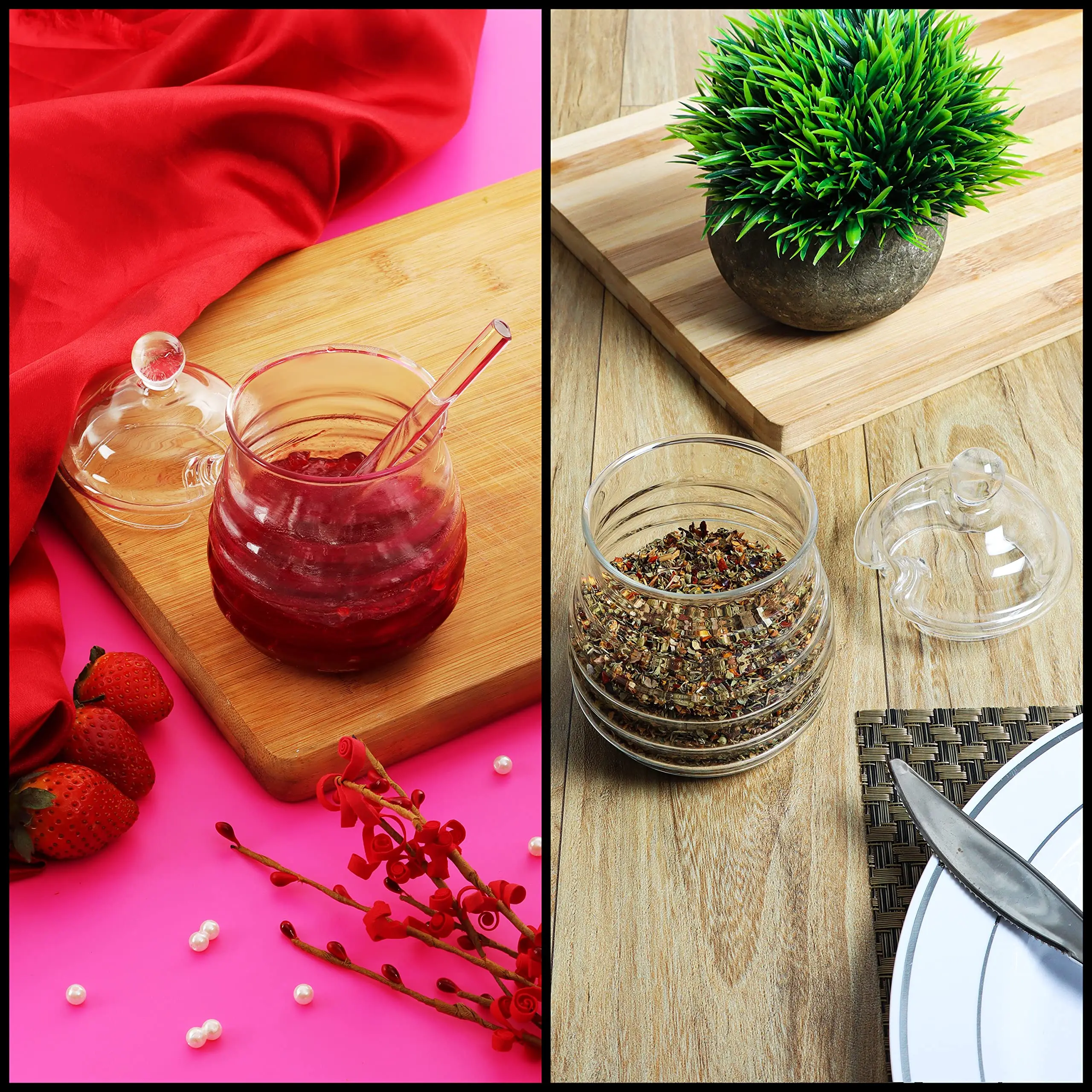 TS Creative Design Honey Pot With Dipper & Lid for Home Kitchen Reusable Round Glass Honey Jar