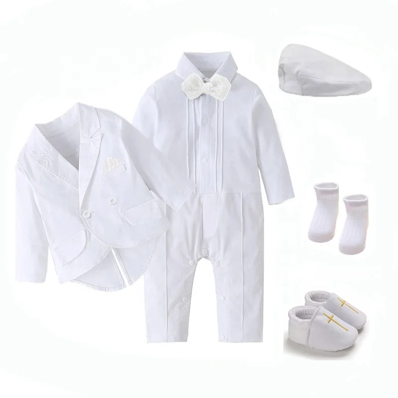 Long Sleeve White Ceremony Suit 0 to 18 Months Baby Christening Set Bowtie Jumpsuit Hat Socks Shoes Toddler Boy Baptism Clothes