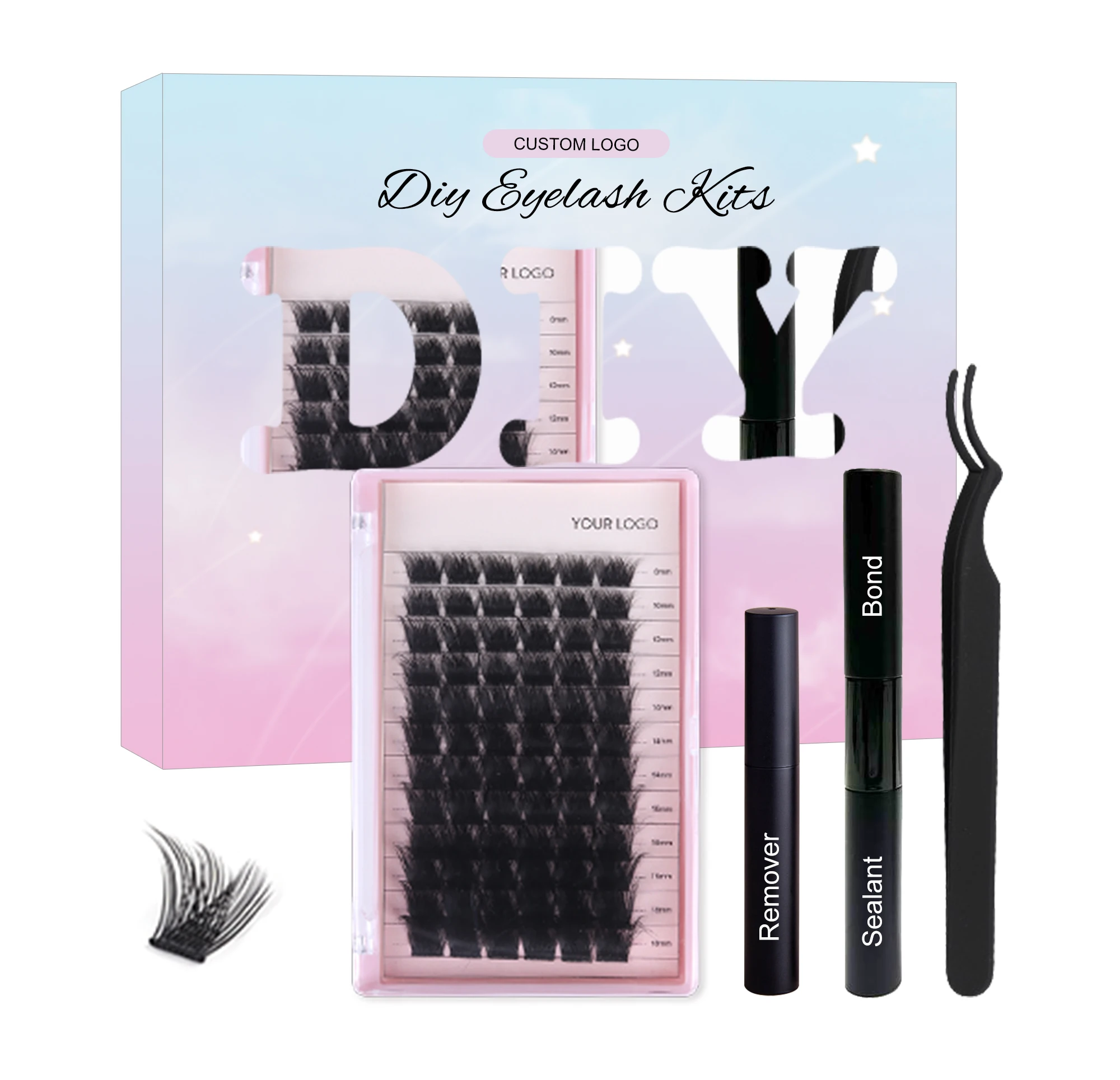 New Arrival Custom Logo Bond and Sealer for Segment Lash Faux Mink Pre Cut Eyelash DIY Extension Lash Kit