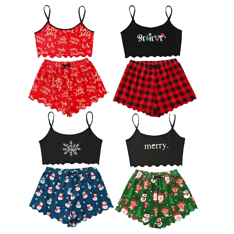Женская домашняя одежда из двух предметов, праздничное ночное белье на бретелях, комплекты рождественских пижам и шорт