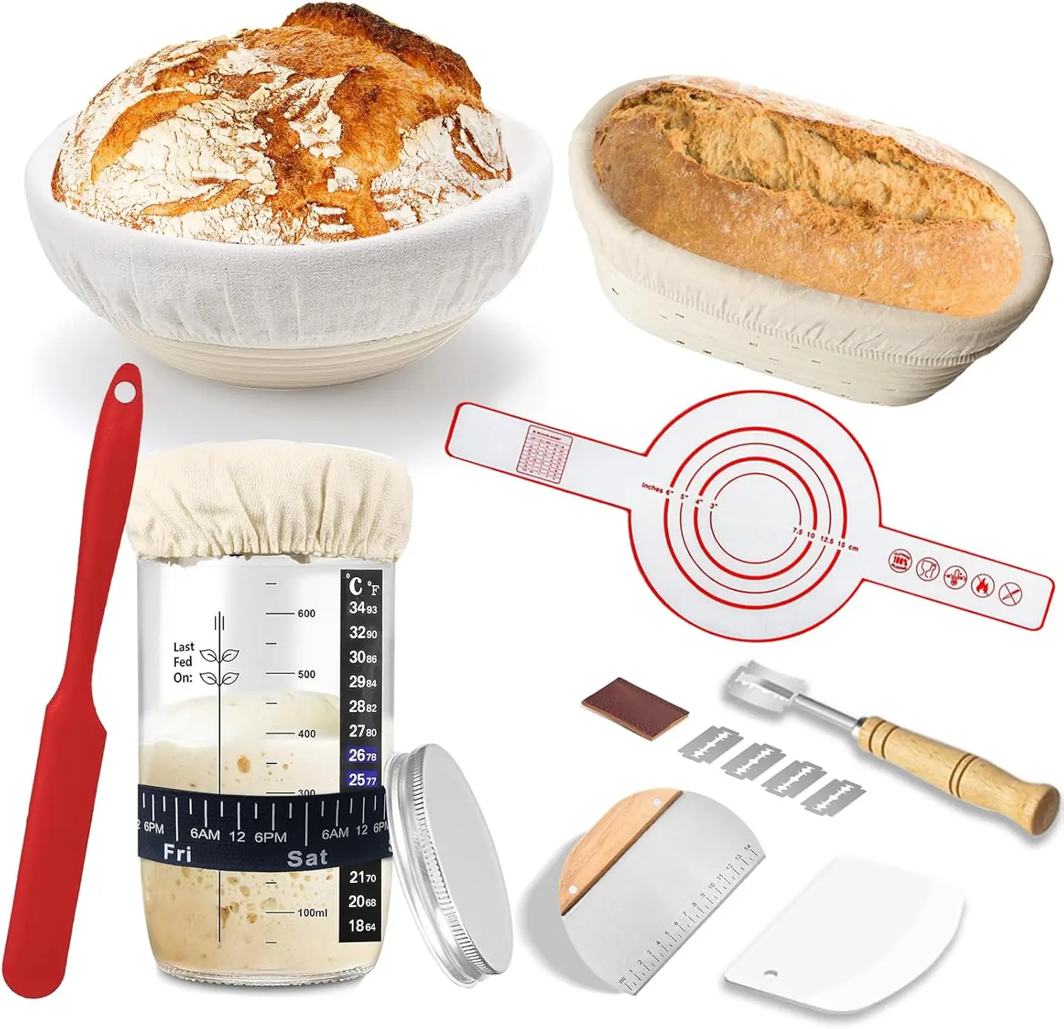 Sourdough Starter Kit Rattan Bread Proofing Basket Set Baking Supplies with 24OZ Sourdough Starter Jar Silicone Baking Mat