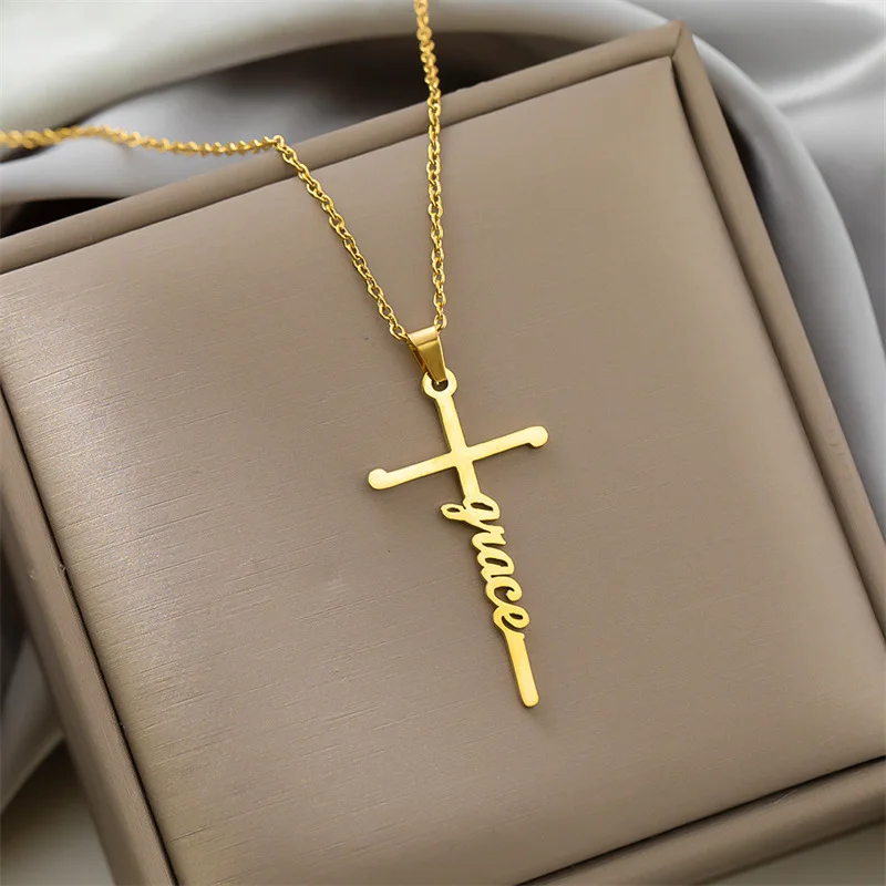 Hot Selling Religious Necklaces Jewelry High Quality Thicken Stainless Steel Trust Patience Hope Blessed Cross Charm Necklace