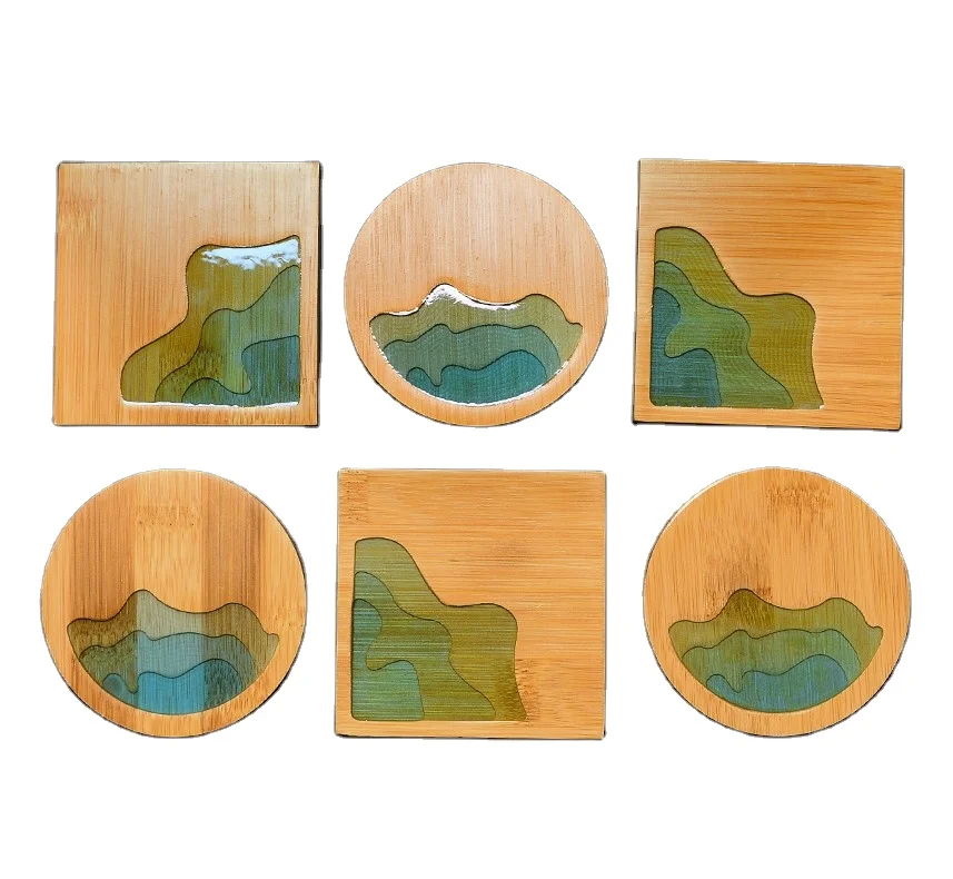 Creative Resin Round Square Custom Bamboo Coaster Drinks Tea Cup Tray Mats Sets Bamboo Wooden Coaster