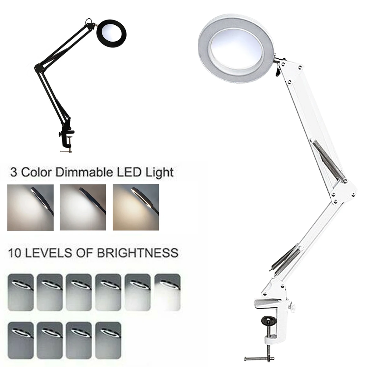 Foldable Magnifying Glass 8X 3 Colors Desk Table Clamp Magnifier LED Lights Flexible Desk Lamp for Reading Working Lighting