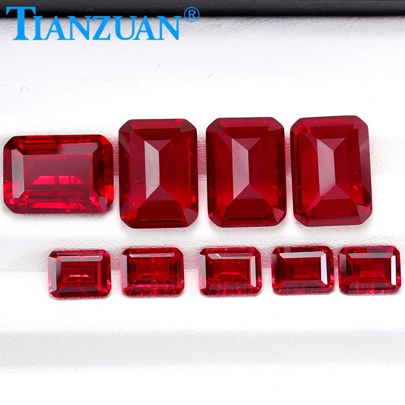 Pigeon Blood Red color lab created ruby rectangle Octagon shape emerald cut including minor cracks inclusions loose gem stone
