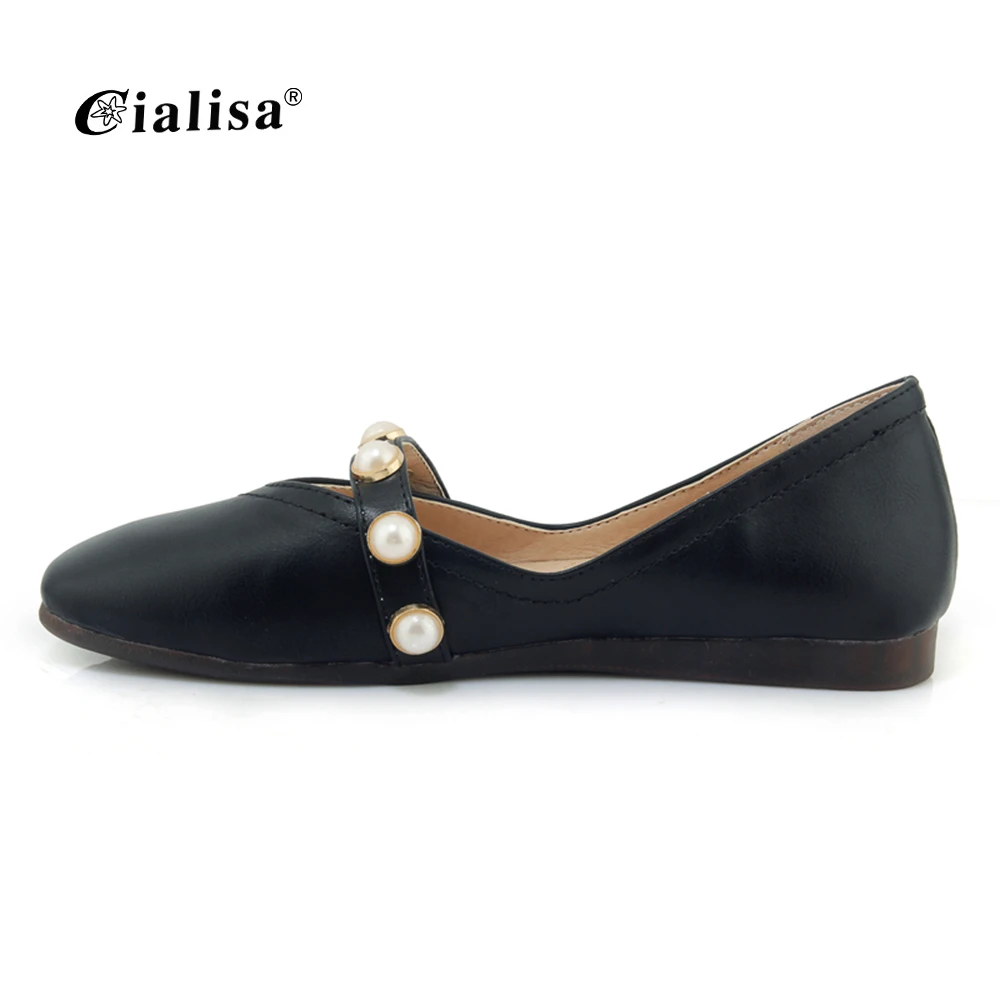 Фабрика питания низкий каблук насосы жемчуг квадратный носок мягкие женские туфли на плоской подошве