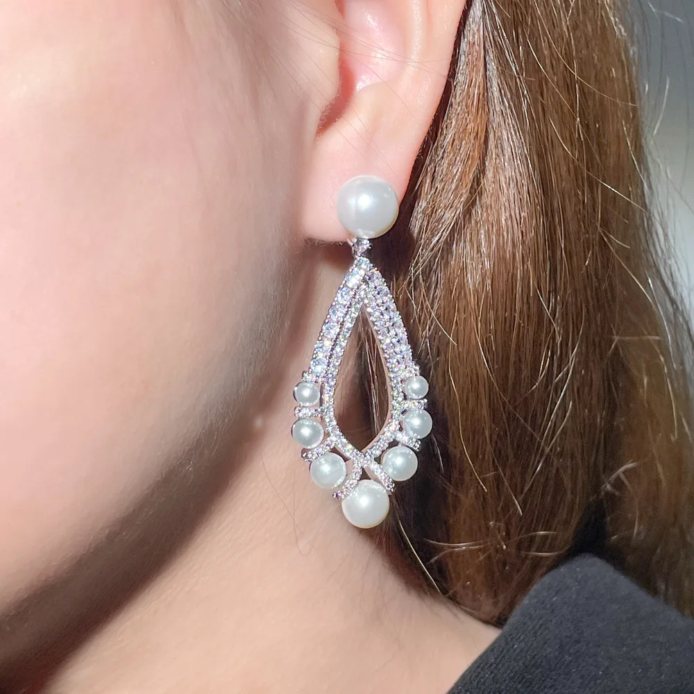 Elegant Top Quality Bright Silver Plated Cubic Zirconia Big Long Bead Pearl Wedding Drop Earrings for Brides Banquet Party