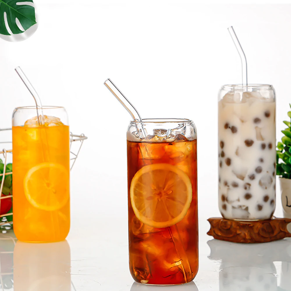 Drinking Glasses with Bamboo Lid and Glass Straw 16 Oz Can Shaped Glass Cups for Beer Ice Coffee Cute Tumbler Cup Great for Soda