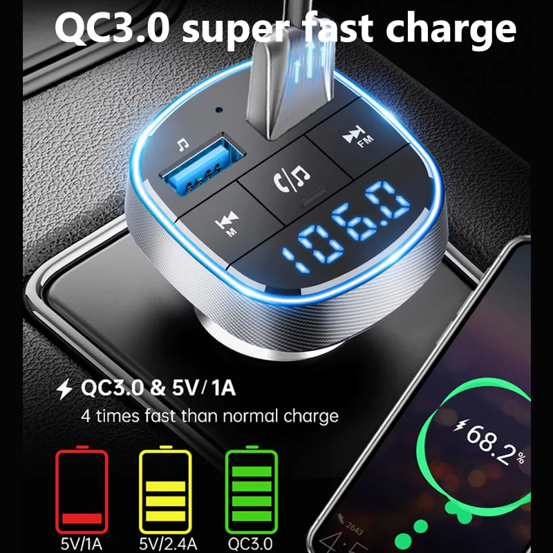Voice Assistant QC3.0 Fast Charging 2 USB Handsfree Wireless Mp3 Player USB Charger FM Transmitter Car Charger