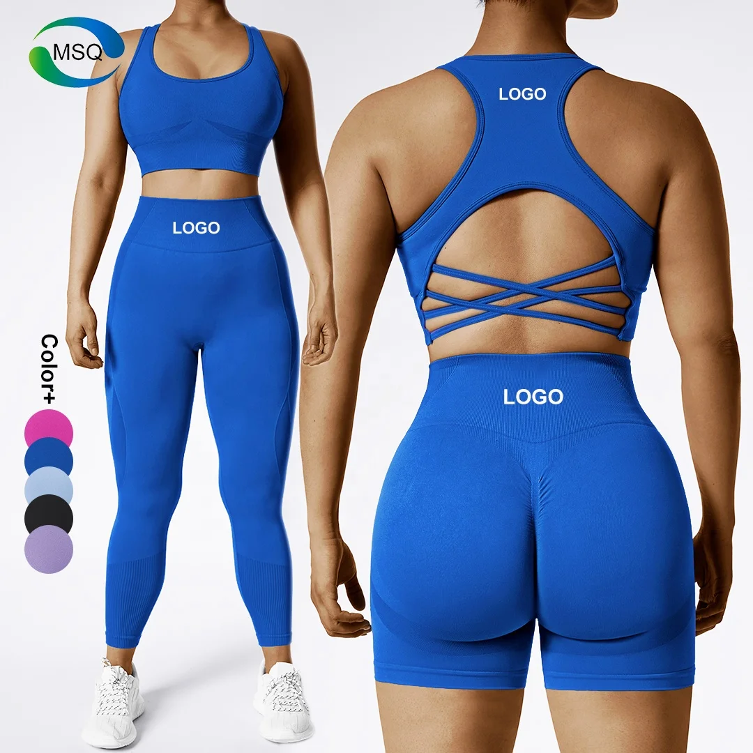 2023 wholesale Summer Sets Custom Breathable Scrunch Shorts Sports Bra Leggings 3 Piece Workout Fitness Wear Yoga Sets For Women