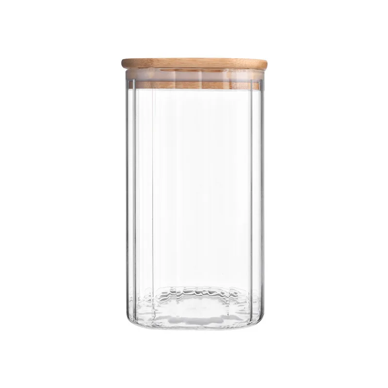 Striped square sealed jar glass with lid dry fruit preservation glass grain storage jar with bamboo lid for home using