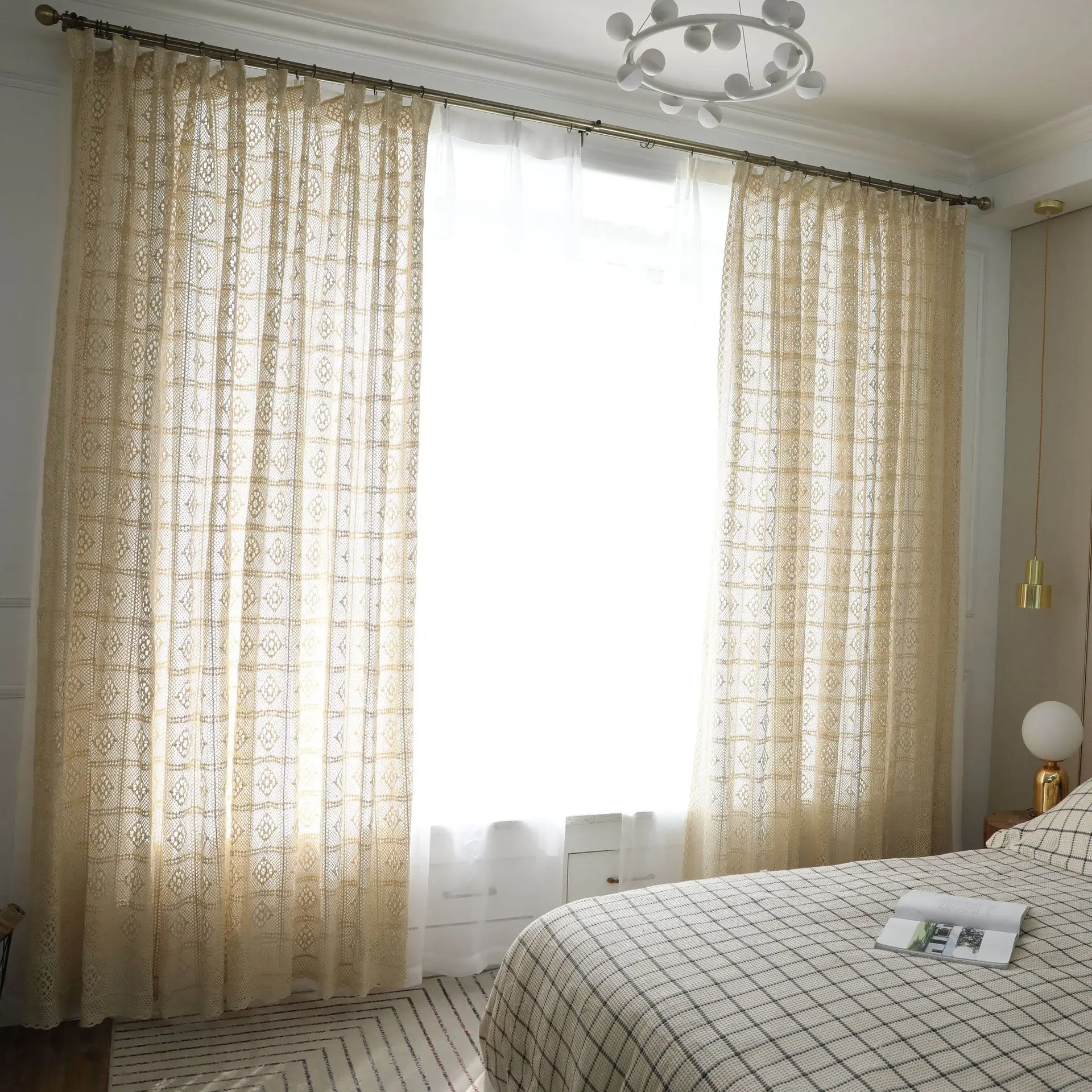 Wholesale Polyester Cotton Fabric American Pastoral Style Handmade Crochet Curtains Living Room Bohemian Style Printed Curtain