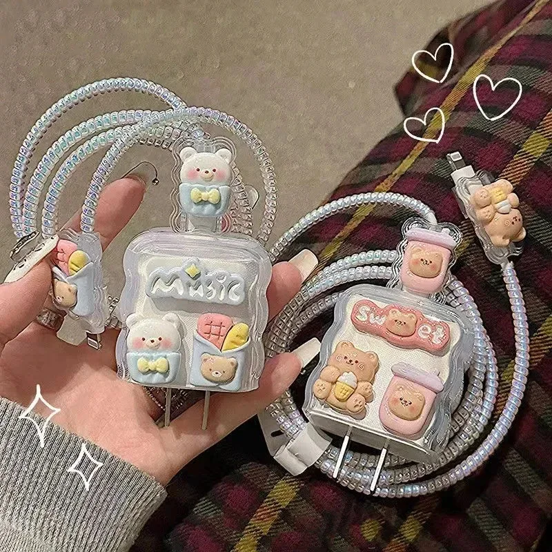 Korea Cute Bear Bread Transparent Charger Cover For IPhone 11 12 13 14 15 18W-20W Charge Protection Cover Soft Charger Sleeve