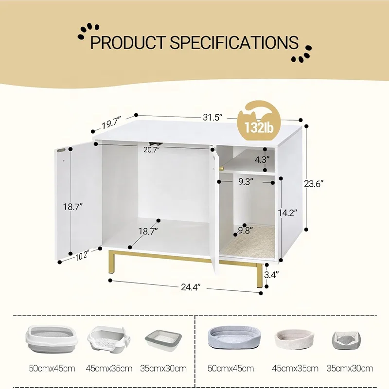 Multi-functional Furniture  Hidden Cat Litter Box Cabinet White Cat Washroom