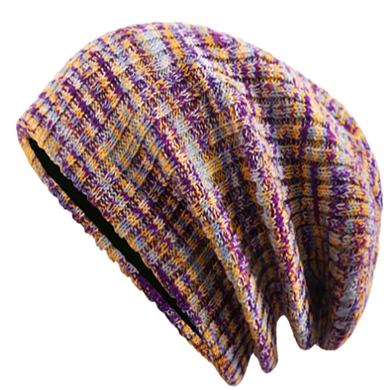 European And American Autumn And Winter Pile Hat Mixed Color Knitted Wool Hat Double Layer Fleece Warm Pullover Hat Couple Model