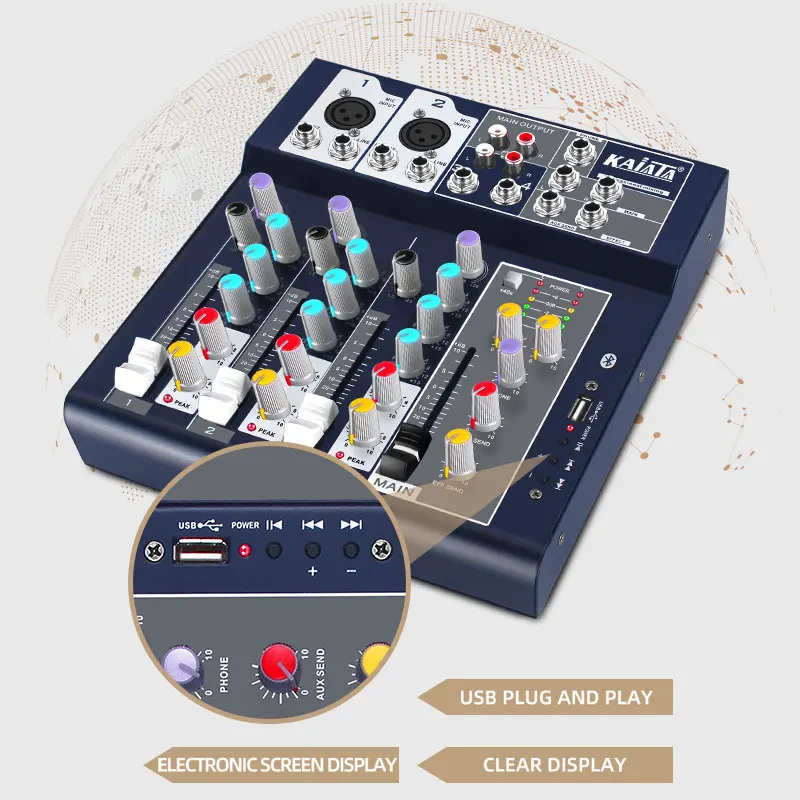 KAIKA F4-USB-5 Factory selling professional audio mixer 4 channels with 48V phantom power stereo output.