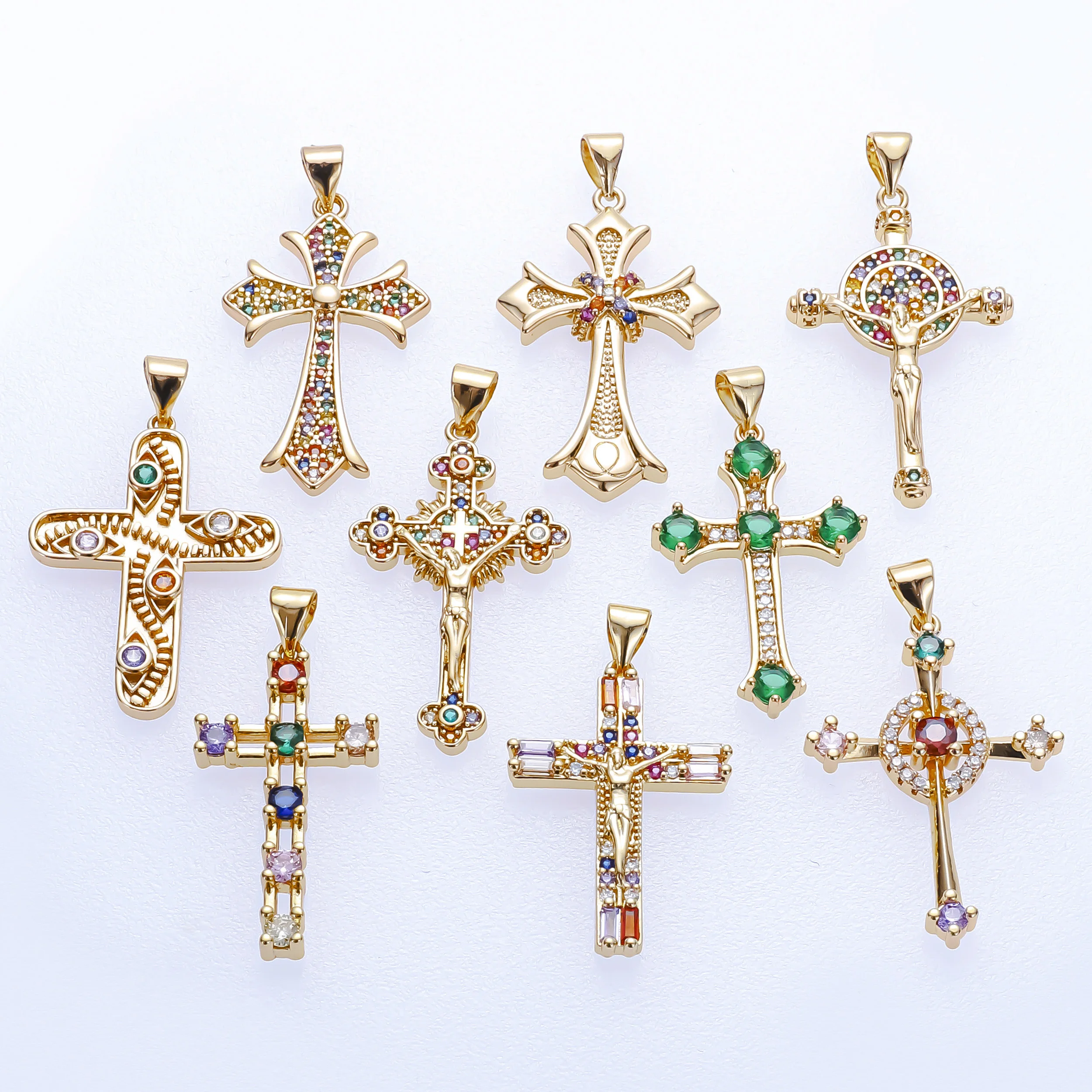 Wholesale jewelry oro laminado 18k colgante de cruz christian religion jesus colorful zircon diamond casting cross pendants
