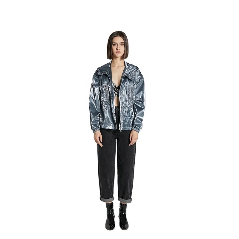 Mid-length Hooded Windbreaker Biker Jacket Woman Ladies Trench Coat Polyester Lining Autumn Female Bright 45 Regular Sleeve S-XL