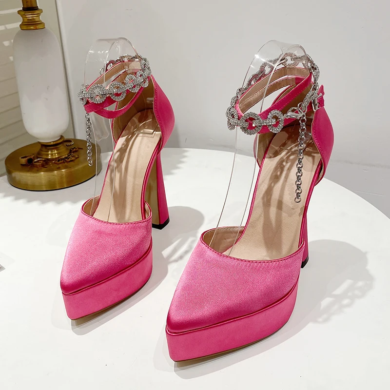 Chunky Heels Silk Pointed Toe 2022 Platform Pumps Solid High Heels Crystal Ankle Strap Buckle Wedding Party 35-42 Women Shoes