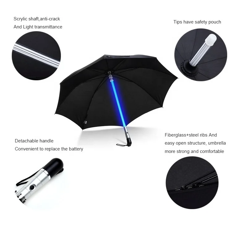 Portable Christmas Outdoor Advertise Rechargeable Blue Flash Light Up Drop Battery Long Handle Promotion Led Pole Stick Umbrella