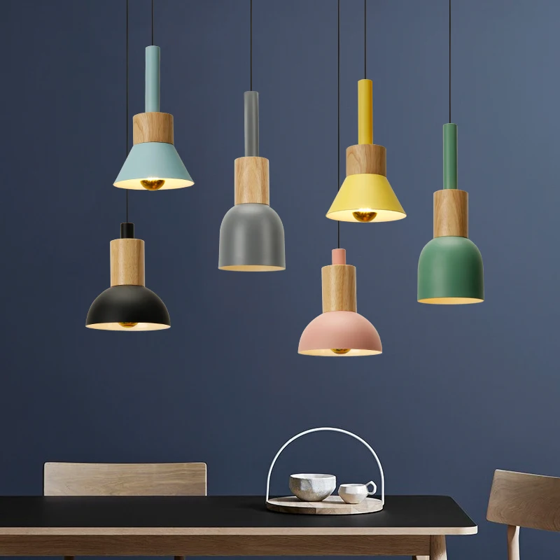 Modern Colorful Metal Wooden Hanging Light  Fixture Single Head Pendent  Bedroom Home Hotel Iron Pendant Led Light